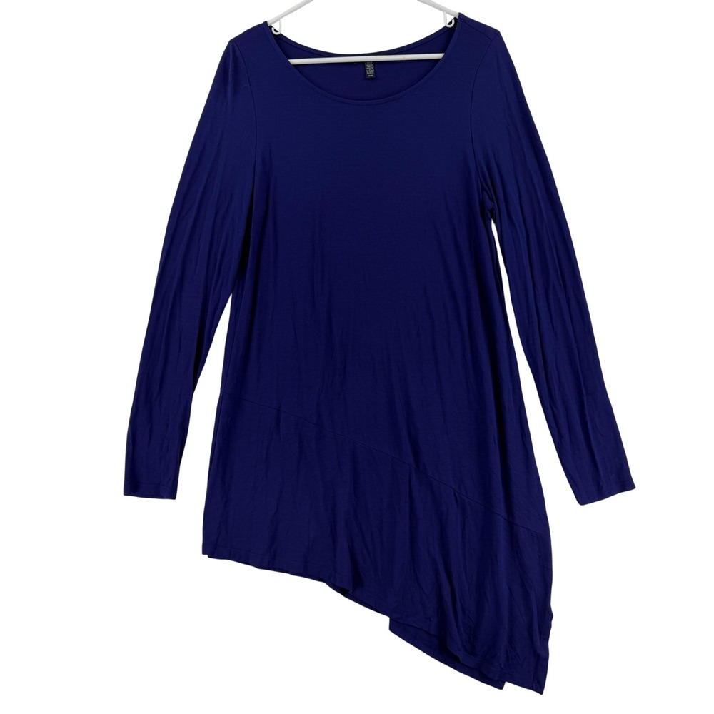 Eileen Fisher Dress Womens Medium Blue Asym Hem Long Sleeve Jersey Tunic Top USA